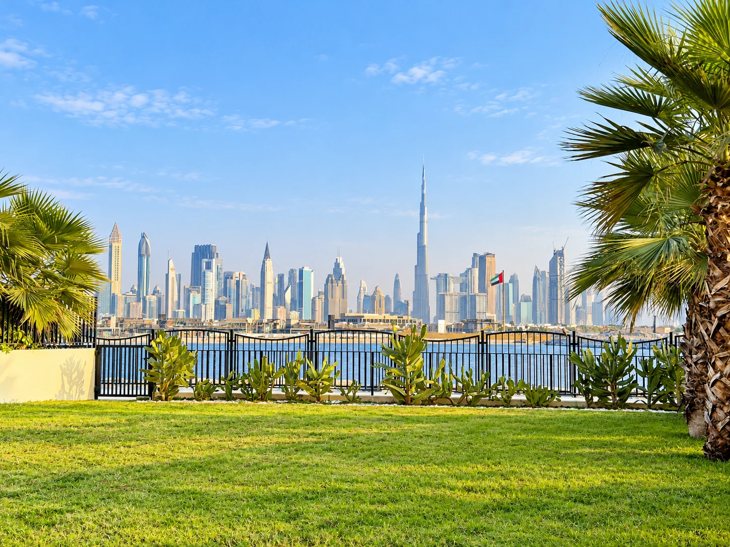 Garden with water and Dubai skyline views